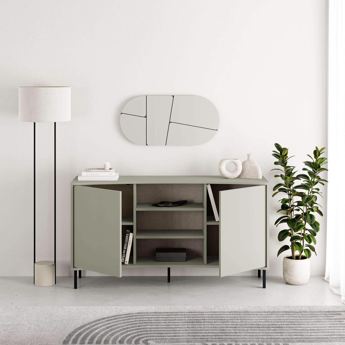 Frem 2 Door Curved Sideboard Buffet Unit Ash Green & Black Metal Legs