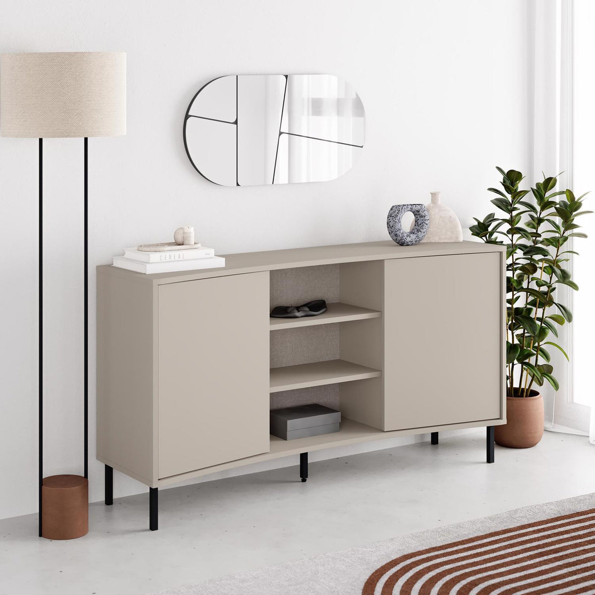 Frem 2 Door Curved Sideboard Buffet Unit Sandstone & Black Metal Legs
