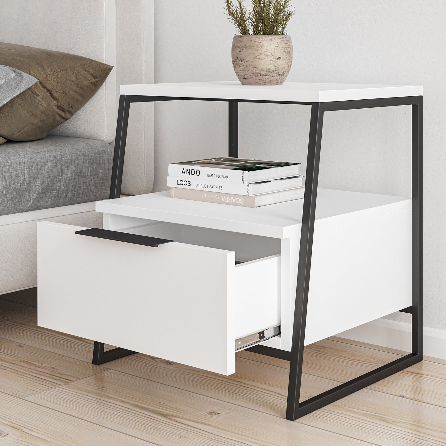 Pal Modern Bedside Table With Drawer White 45cm Wide