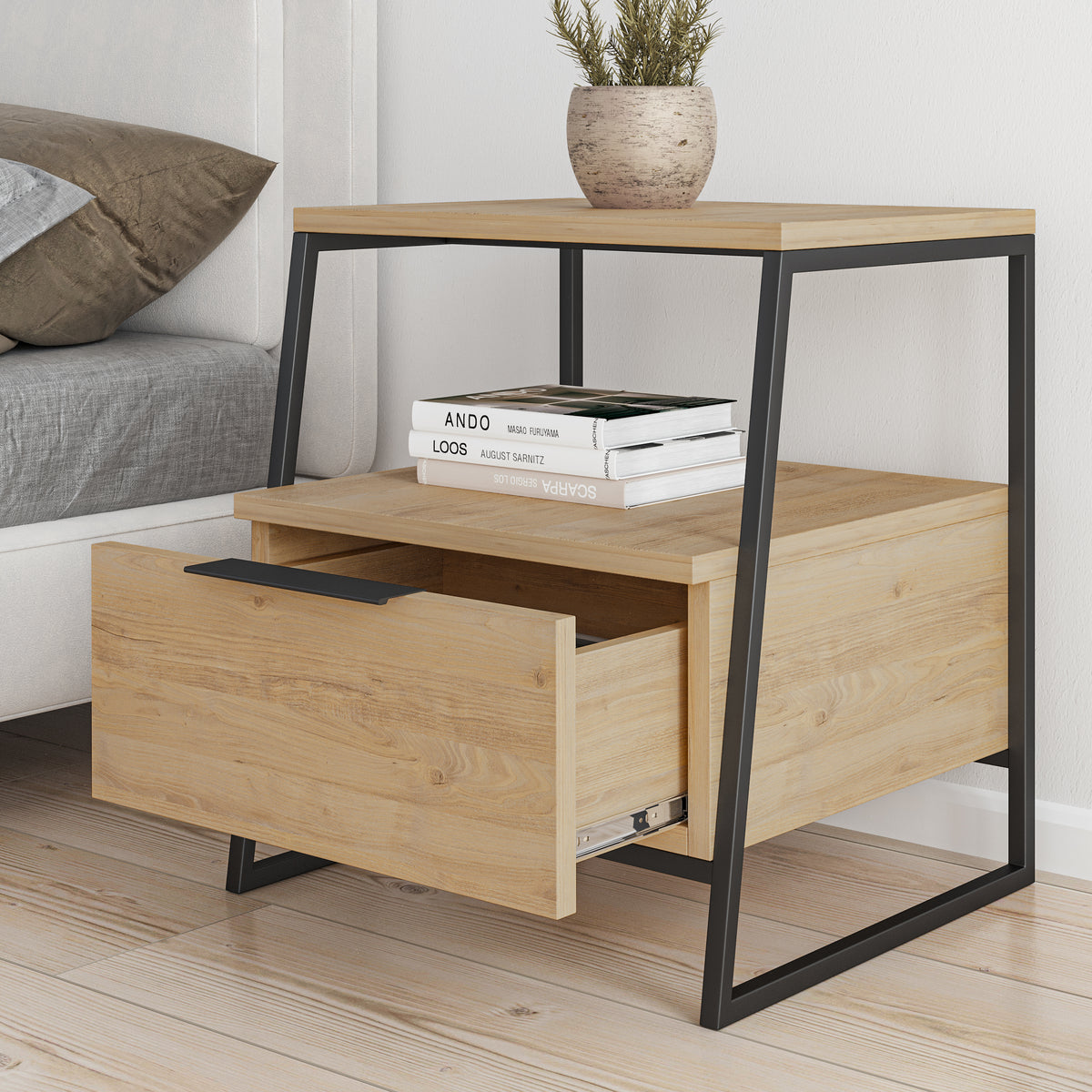 Pal Modern Bedside Table With Drawer Oak 45cm Wide