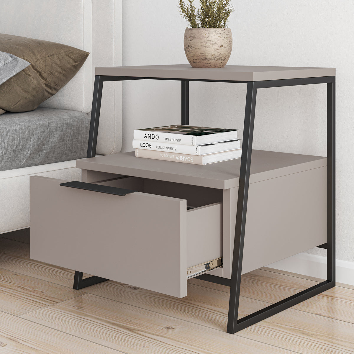 Pal Modern Bedside Table With Drawer Mocha Grey 45cm Wide