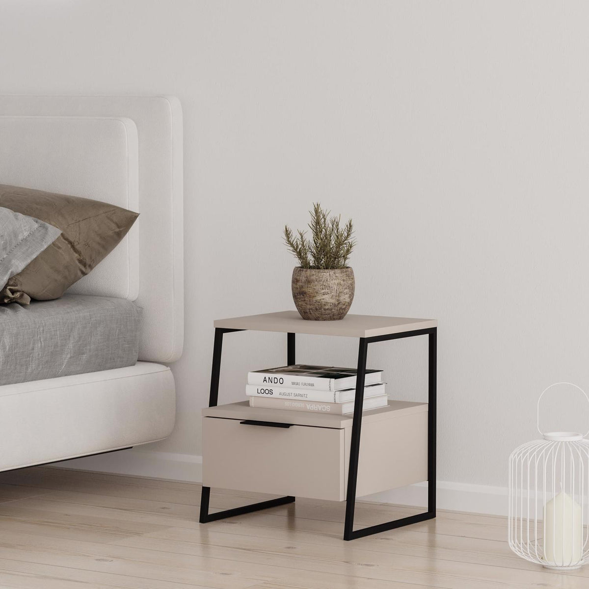 Pal Modern Bedside Table With Drawer Sandstone 45cm Wide