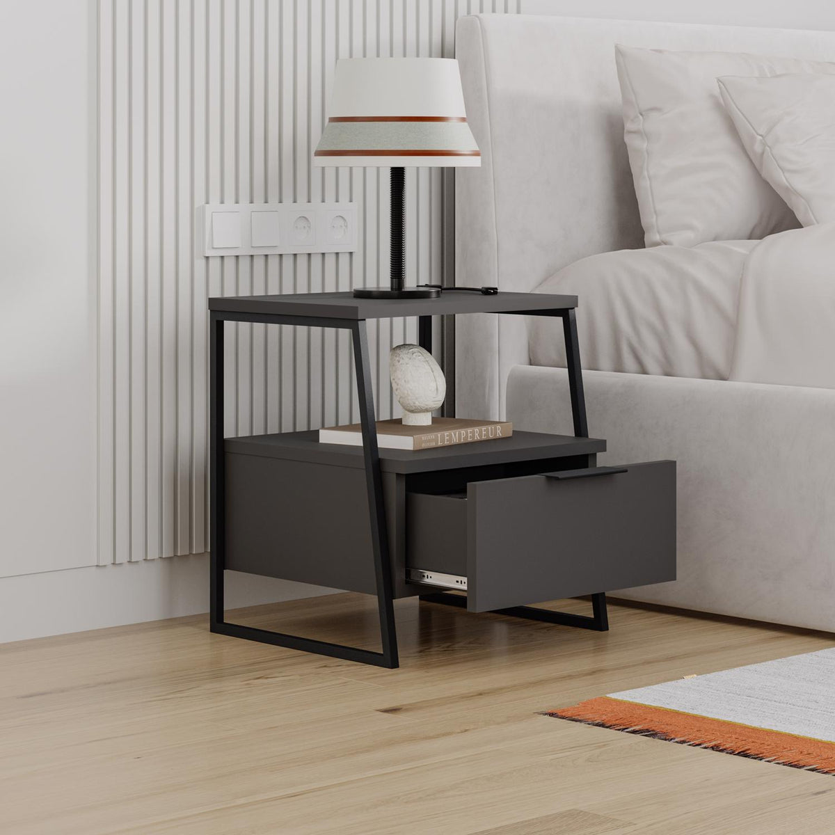 Pal Modern Bedside Table With Drawer Anthracite 45cm Wide