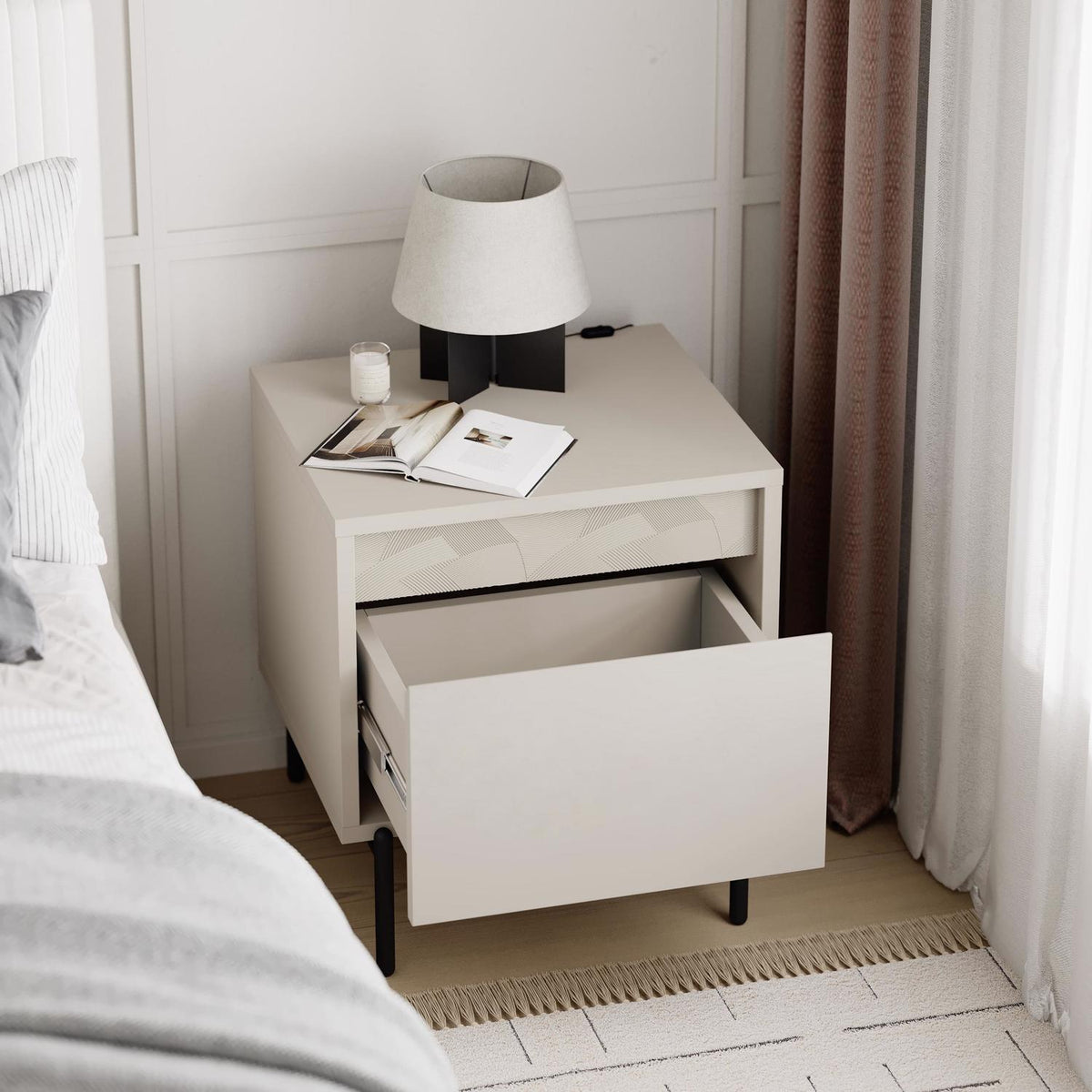 Weft 1 Drawer Nightstand Bedside Cabinet Sandstone with Black Metal Legs