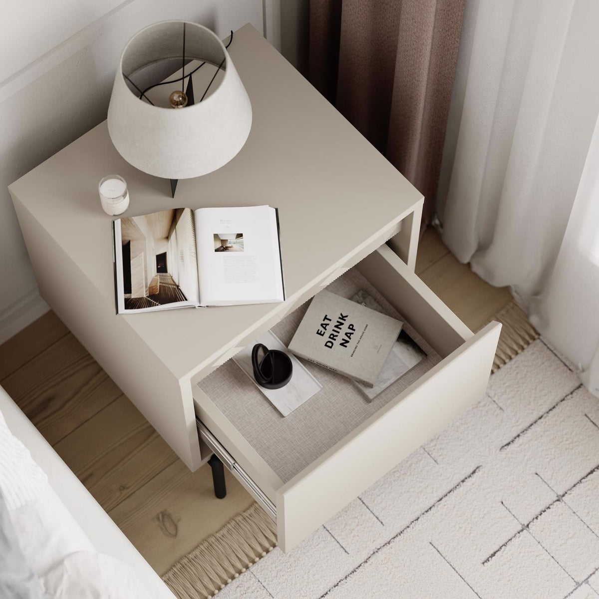 Weft 1 Drawer Nightstand Bedside Cabinet Sandstone with Black Metal Legs