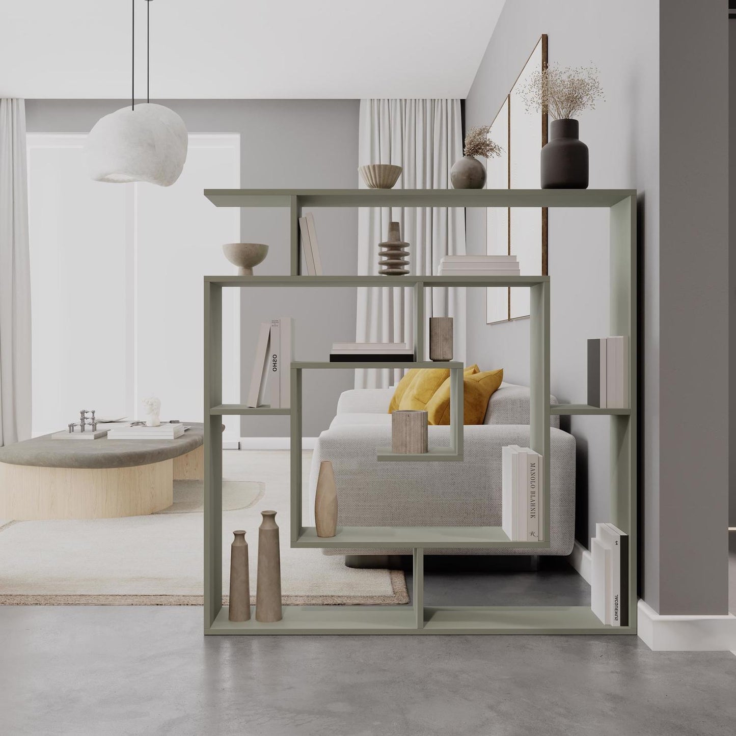 Labirent Modern Bookcase Display Unit Ash Green 129cm High