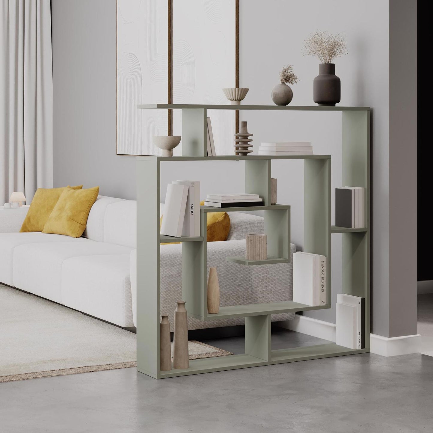 Labirent Modern Bookcase Display Unit Ash Green 129cm High