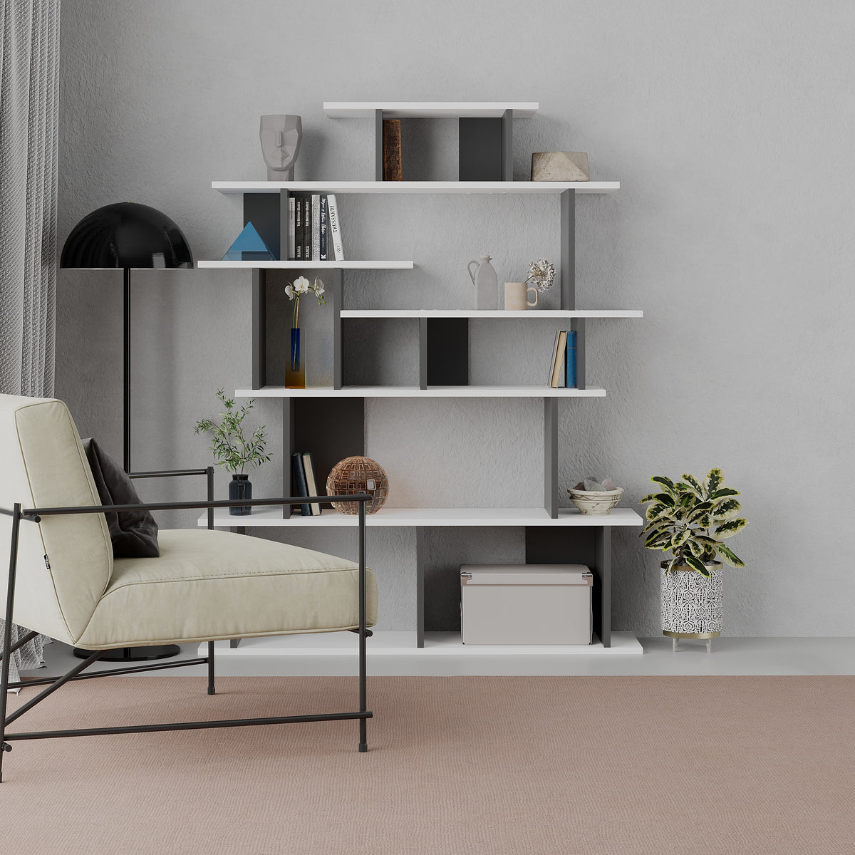 Apollon Modern Bookcase Display Unit White Anthracite Grey Medium 149cm