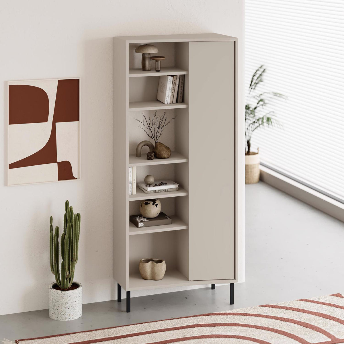 Frem Curved 5 Tier Tall Bookcase with 1 Door – Sandstone – 175.5 cm