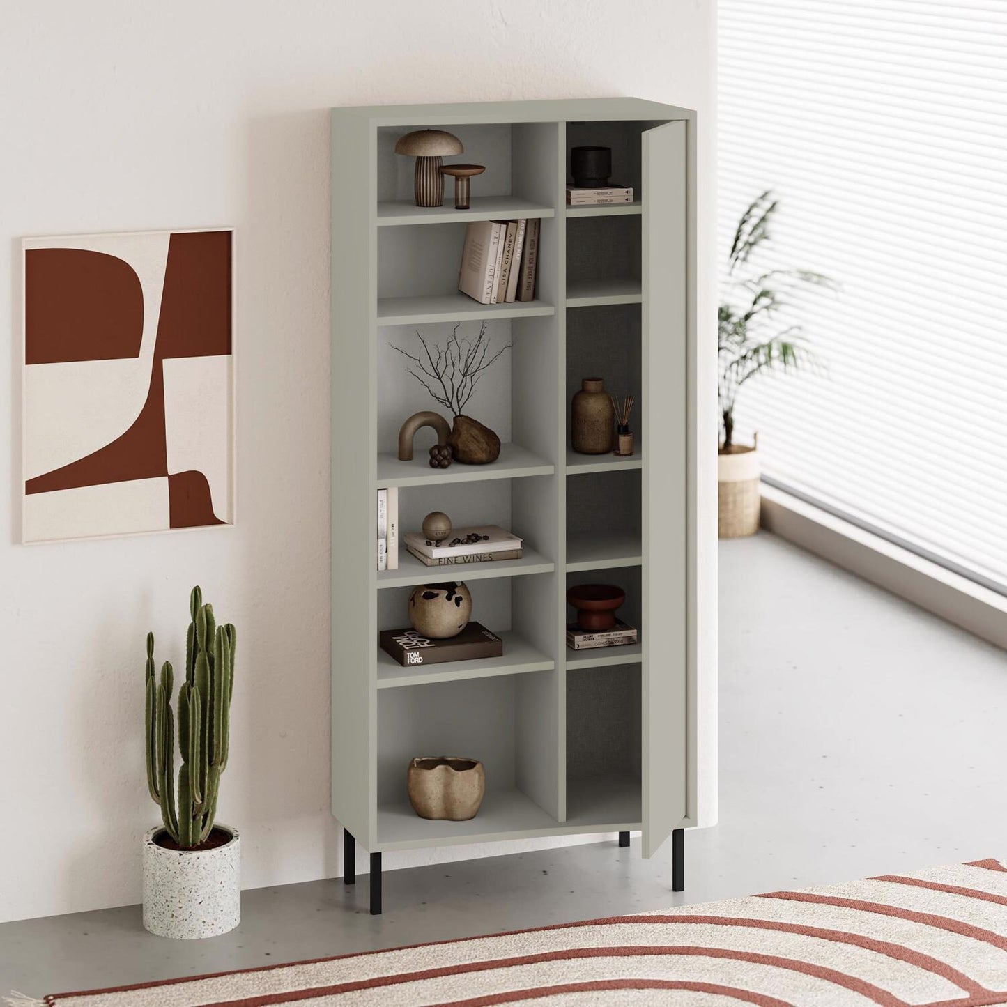 Frem Curved 5 Tier Tall Bookcase with 1 Door – Ash Green – 175.5 cm