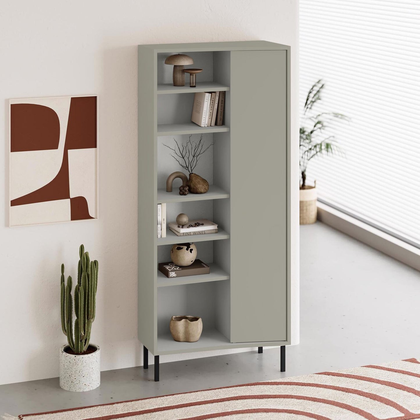 Frem Curved 5 Tier Tall Bookcase with 1 Door – Ash Green – 175.5 cm