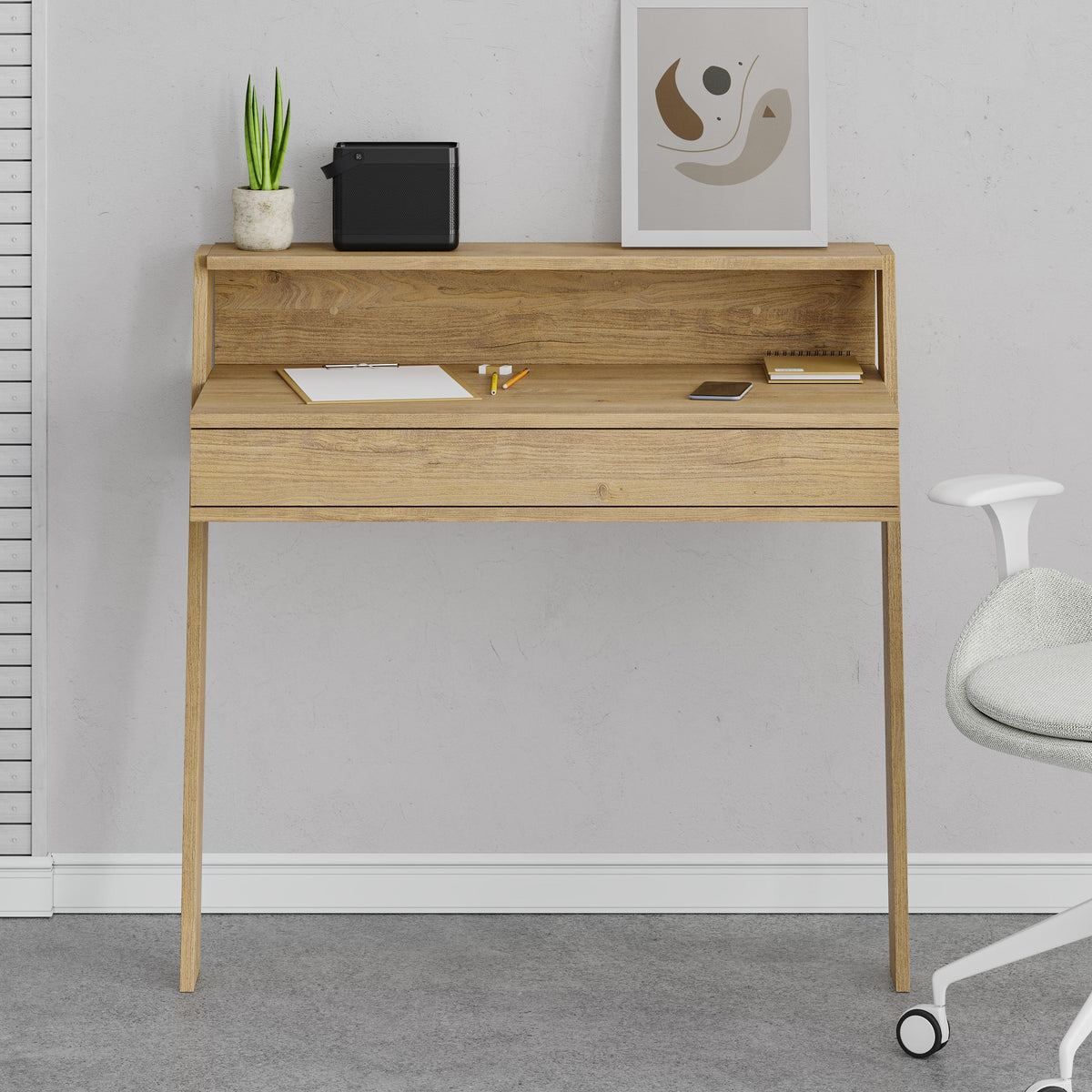 Cowork Modern Desk Oak Wall Mounted With Drawer 94cm Wide