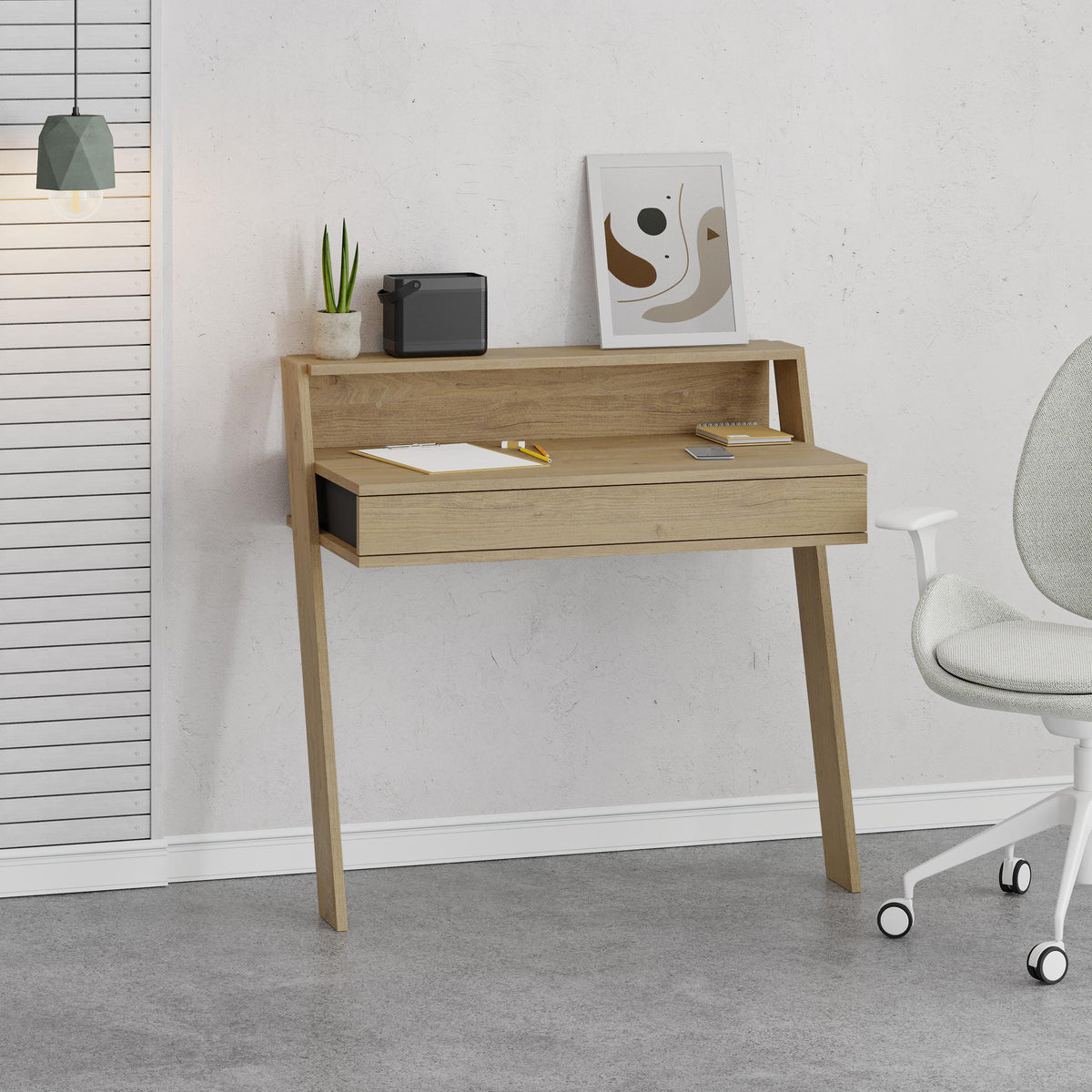 Cowork Modern Desk Oak Wall Mounted With Drawer 94cm Wide