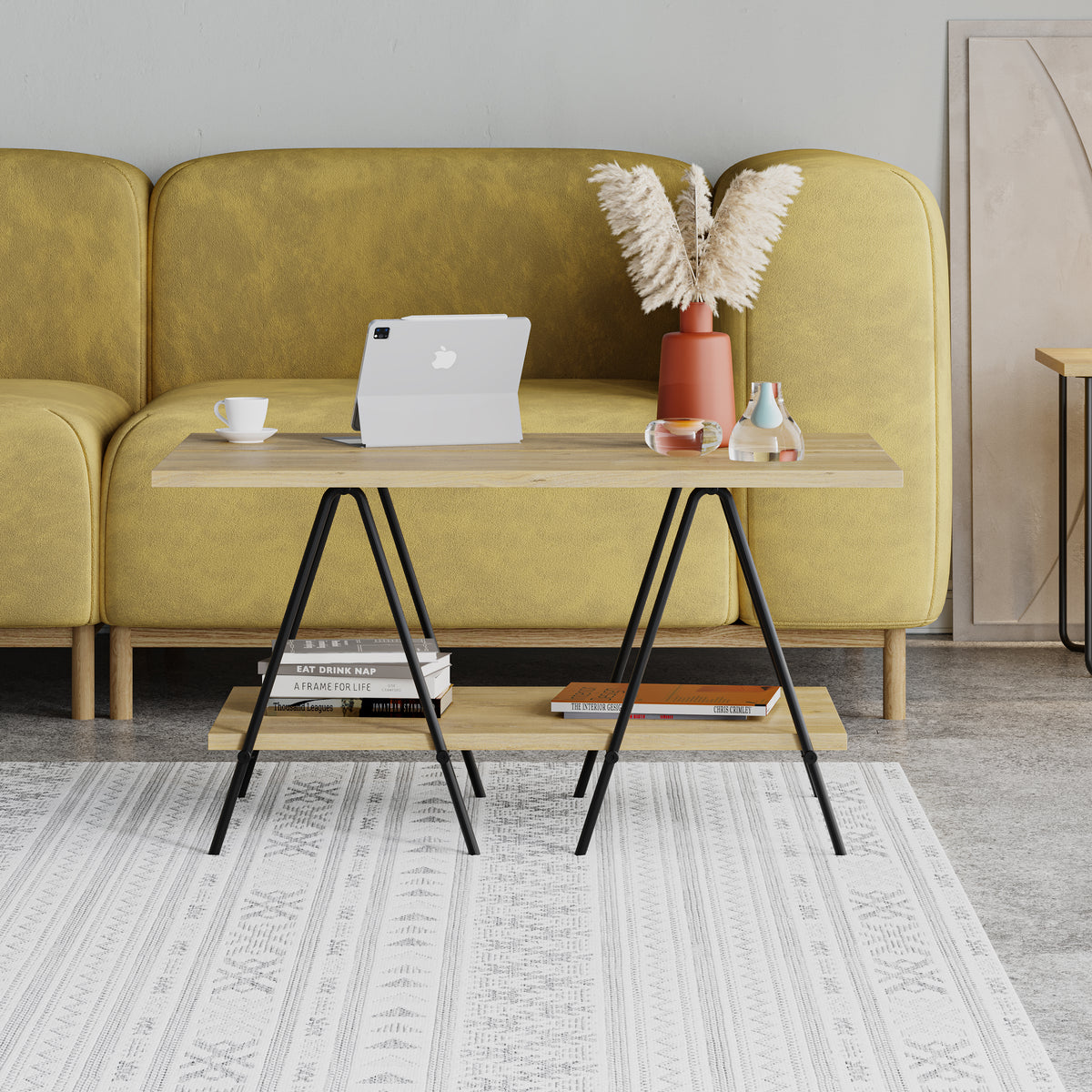 Essel Centre Coffee Table Oak Metal Trestle Legs 80cm