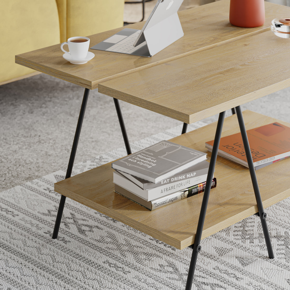 Essel Centre Coffee Table Oak Metal Trestle Legs 80cm