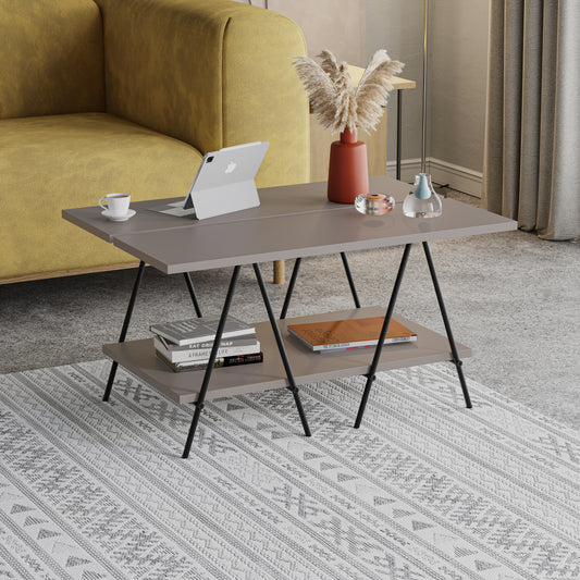 Essel Centre Coffee Table Mocha Grey Metal Trestle Legs 80cm
