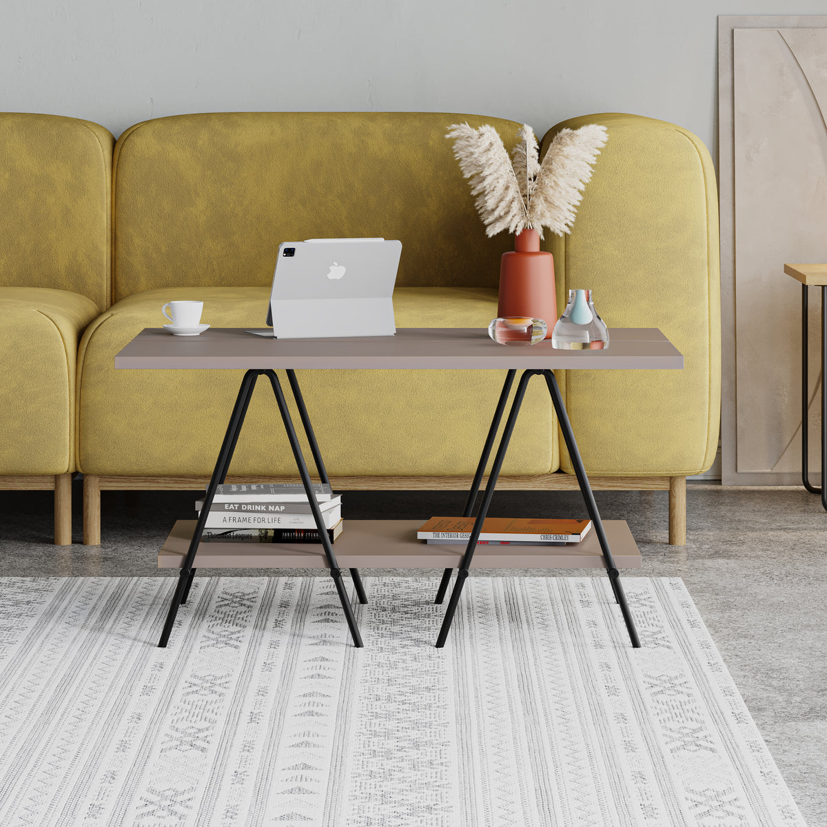 Essel Centre Coffee Table Mocha Grey Metal Trestle Legs 80cm