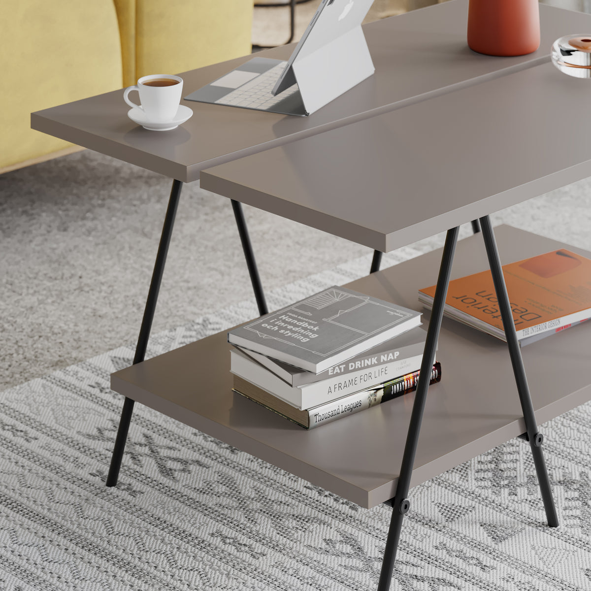 Essel Centre Coffee Table Mocha Grey Metal Trestle Legs 80cm