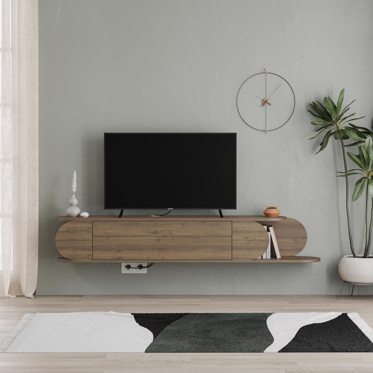 Tone Modern Wall Mounted TV Unit Stand Dark Oak with Storage