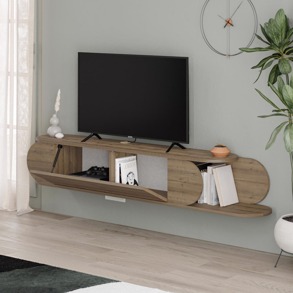 Tone Modern Wall Mounted TV Unit Stand Dark Oak with Storage