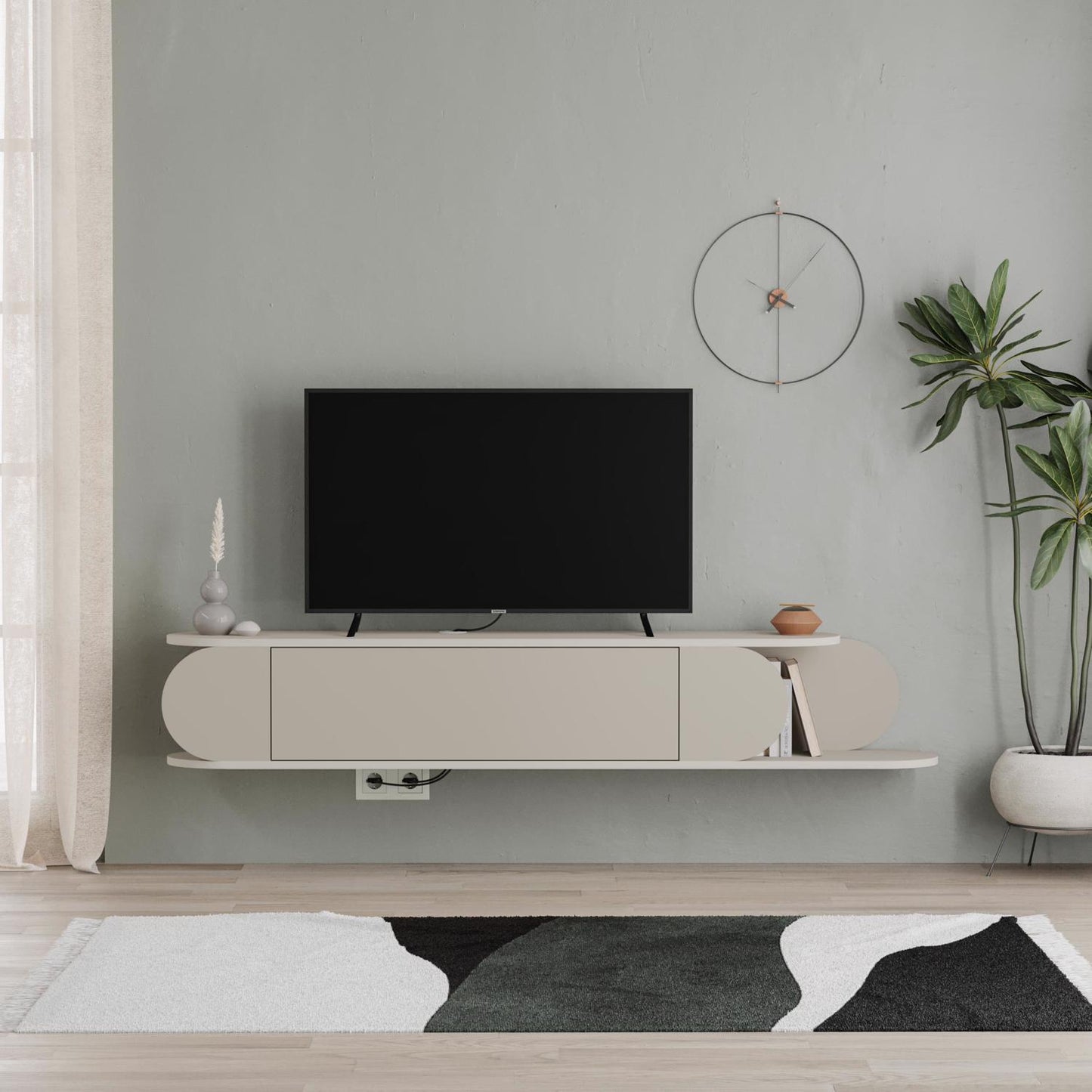 Tone Modern Wall Mounted TV Unit Stand Sandstone with Storage