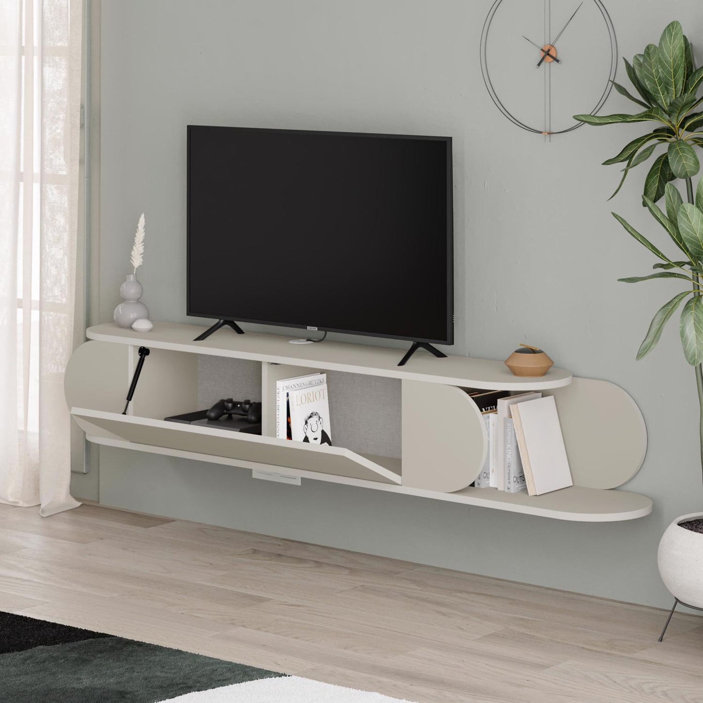 Tone Modern Wall Mounted TV Unit Stand Sandstone with Storage