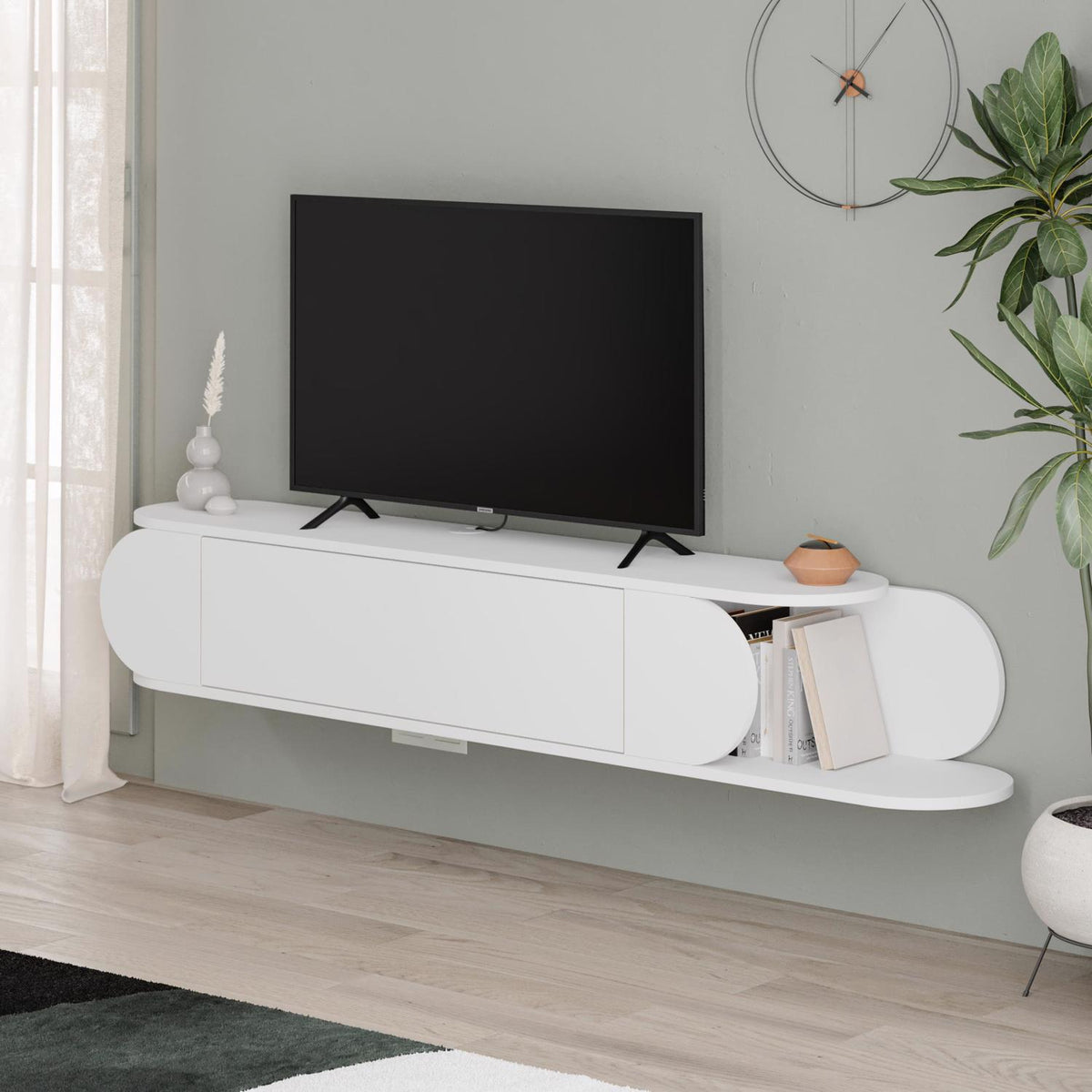 Tone Modern Wall Mounted TV Unit Stand White with Storage