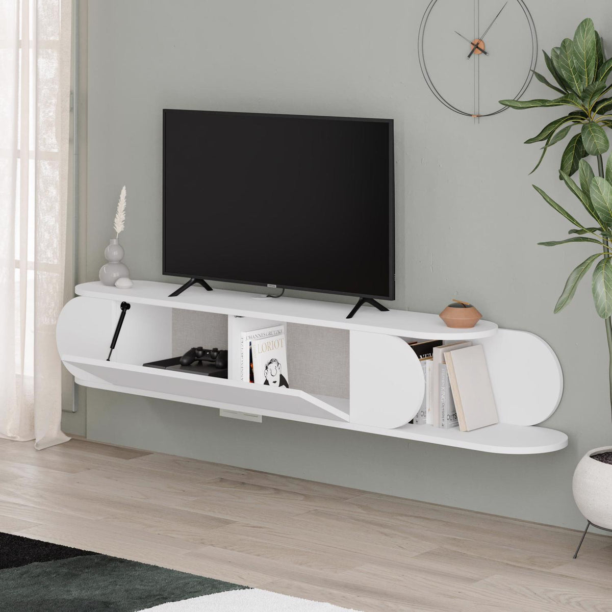 Tone Modern Wall Mounted TV Unit Stand White with Storage