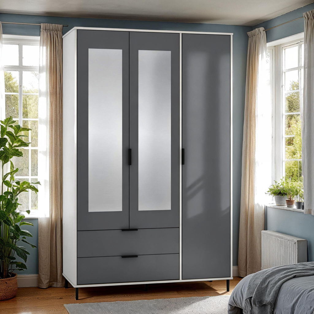 Madrid 3 Door 2 Drawer Mirrored Wardrobe – Grey/White Gloss Finish