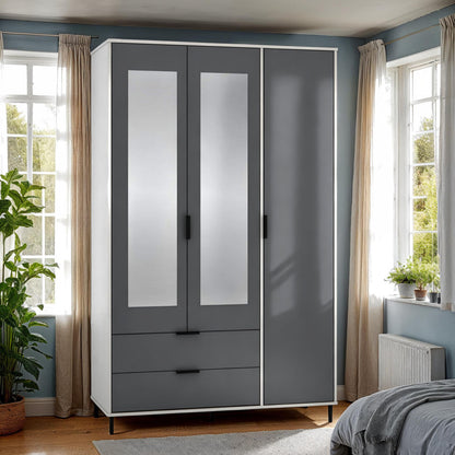Madrid 3 Door 2 Drawer Mirrored Wardrobe – Grey/White Gloss Finish