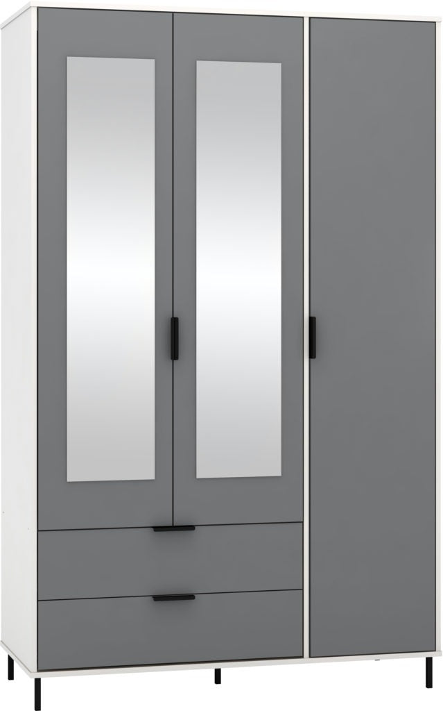 Madrid 3 Door 2 Drawer Mirrored Wardrobe – Grey/White Gloss Finish