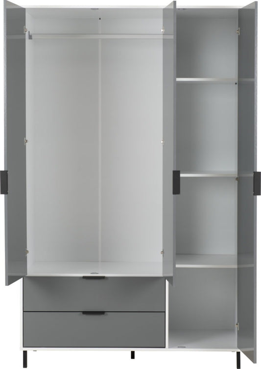 Madrid 3 Door 2 Drawer Mirrored Wardrobe – Grey/White Gloss Finish