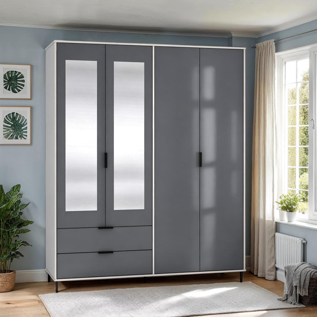 Madrid 4 Door 2 Drawer Mirrored Wardrobe – Grey/White Gloss Finish