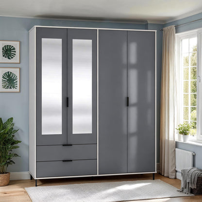 Madrid 4 Door 2 Drawer Mirrored Wardrobe – Grey/White Gloss Finish
