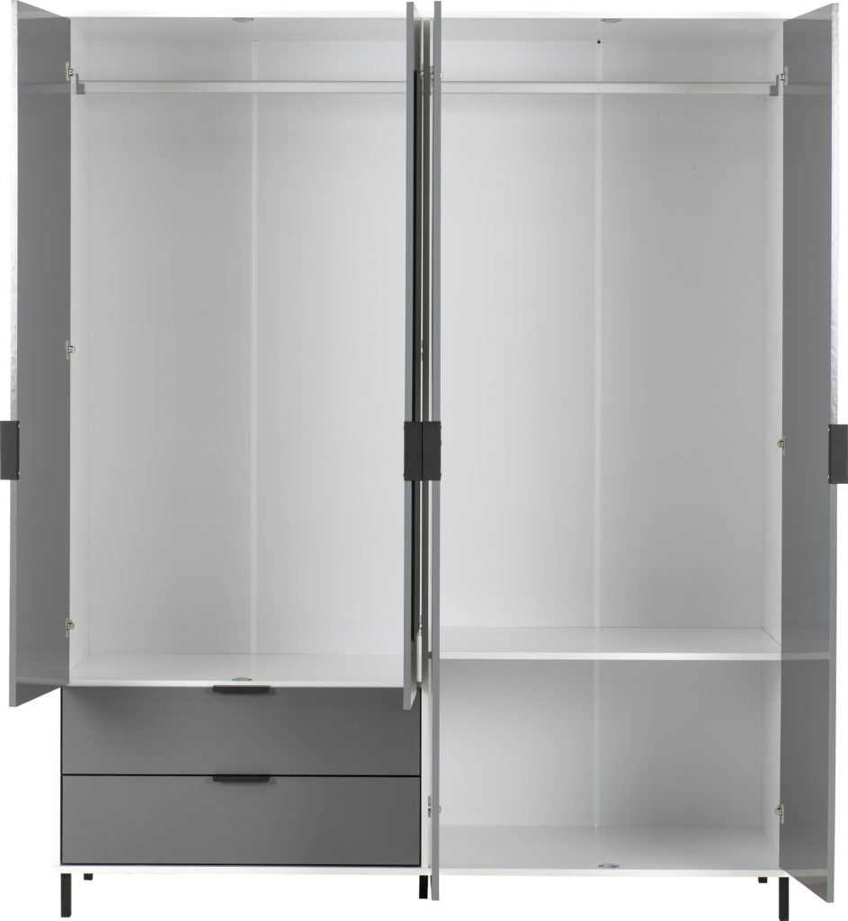 Madrid 4 Door 2 Drawer Mirrored Wardrobe – Grey/White Gloss Finish