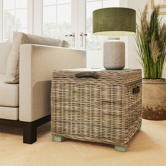 Maya Handmade Kubu Rattan Storage Side Table Limewash
