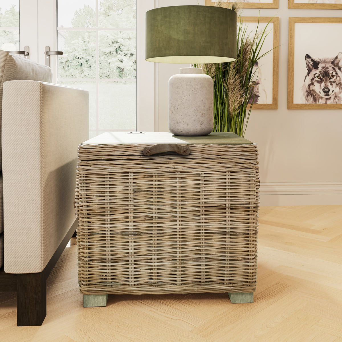 Maya Handmade Kubu Rattan Storage Side Table Limewash