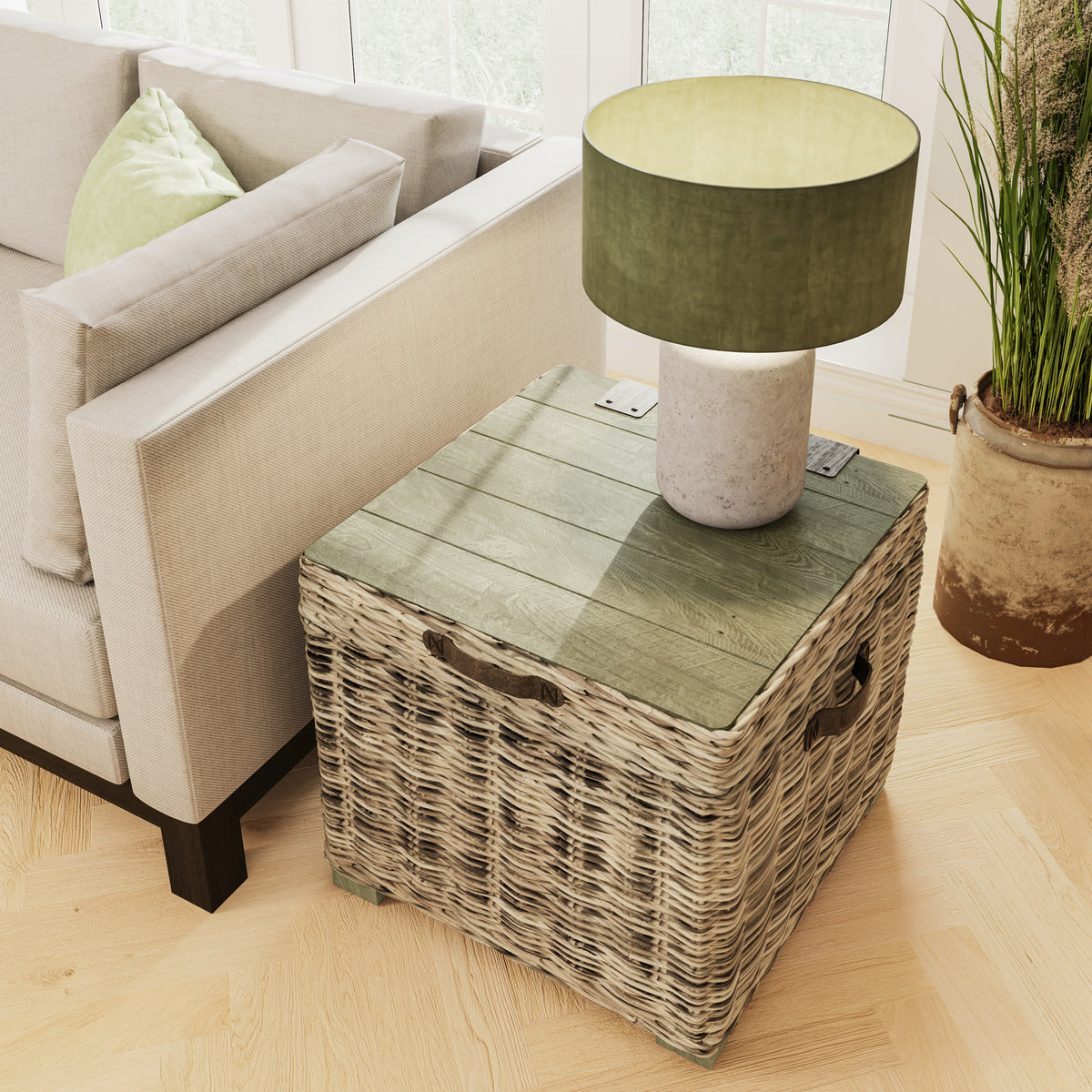 Maya Handmade Kubu Rattan Storage Side Table Limewash