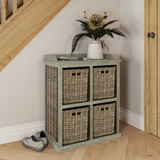 Maya Handmade Kubu Rattan 2 Over 2 Basket Storage Unit Limewash