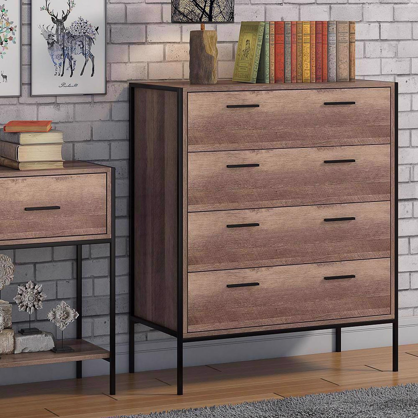 Loft Industrial 4 Drawer Chest Of Drawers Wood Effect Black Metal Frame