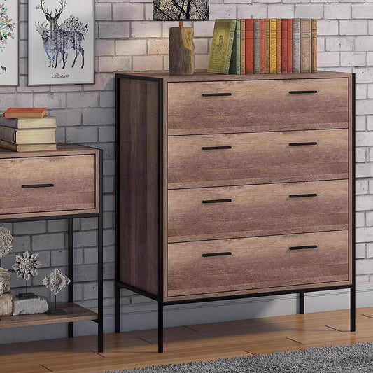 Loft Industrial 4 Drawer Chest Of Drawers Wood Effect Black Metal Frame