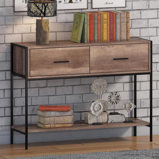 Loft Industrial 2 Drawer Console Table Wood Effect Black Metal Frame