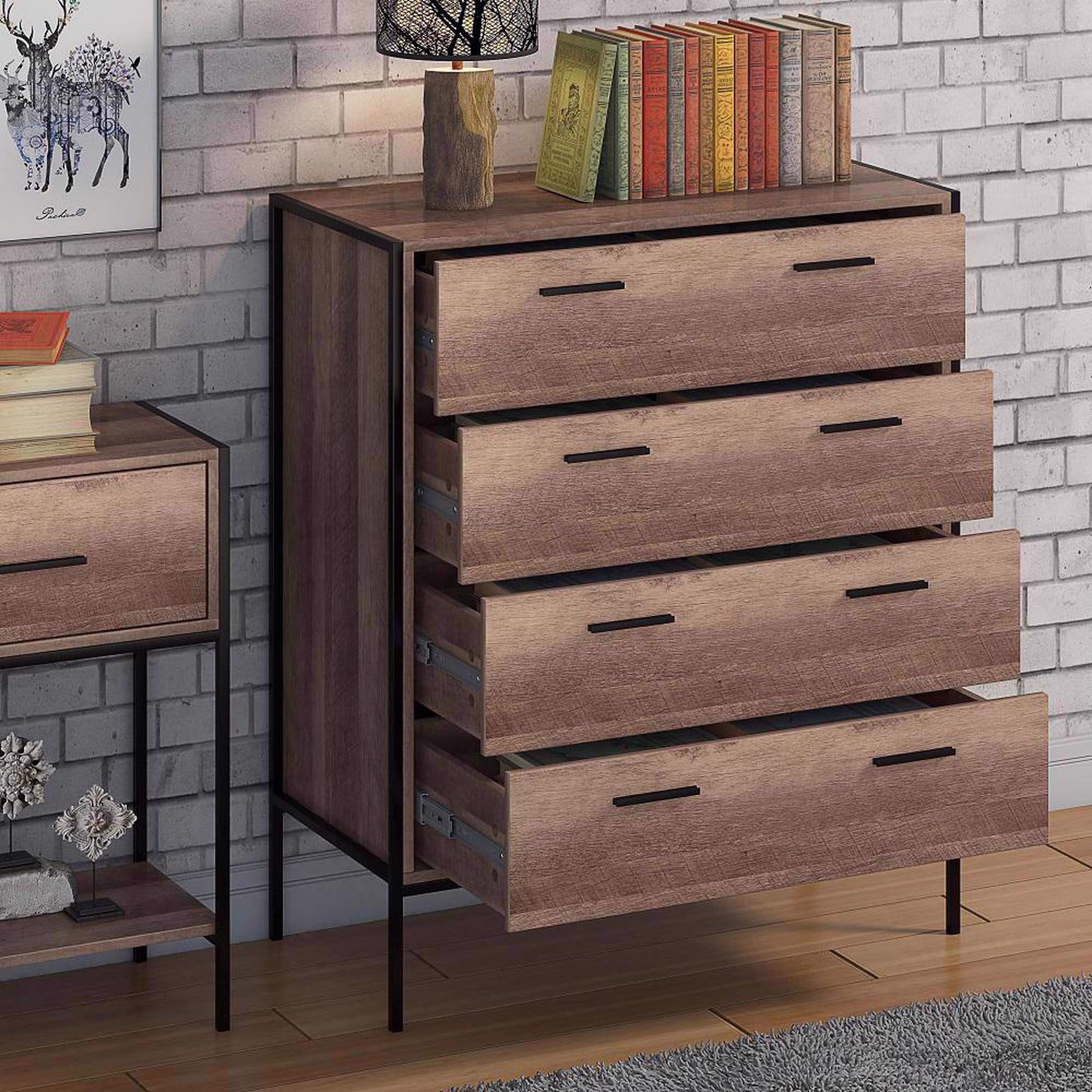 Loft Industrial 4 Drawer Chest Of Drawers Wood Effect Black Metal Frame
