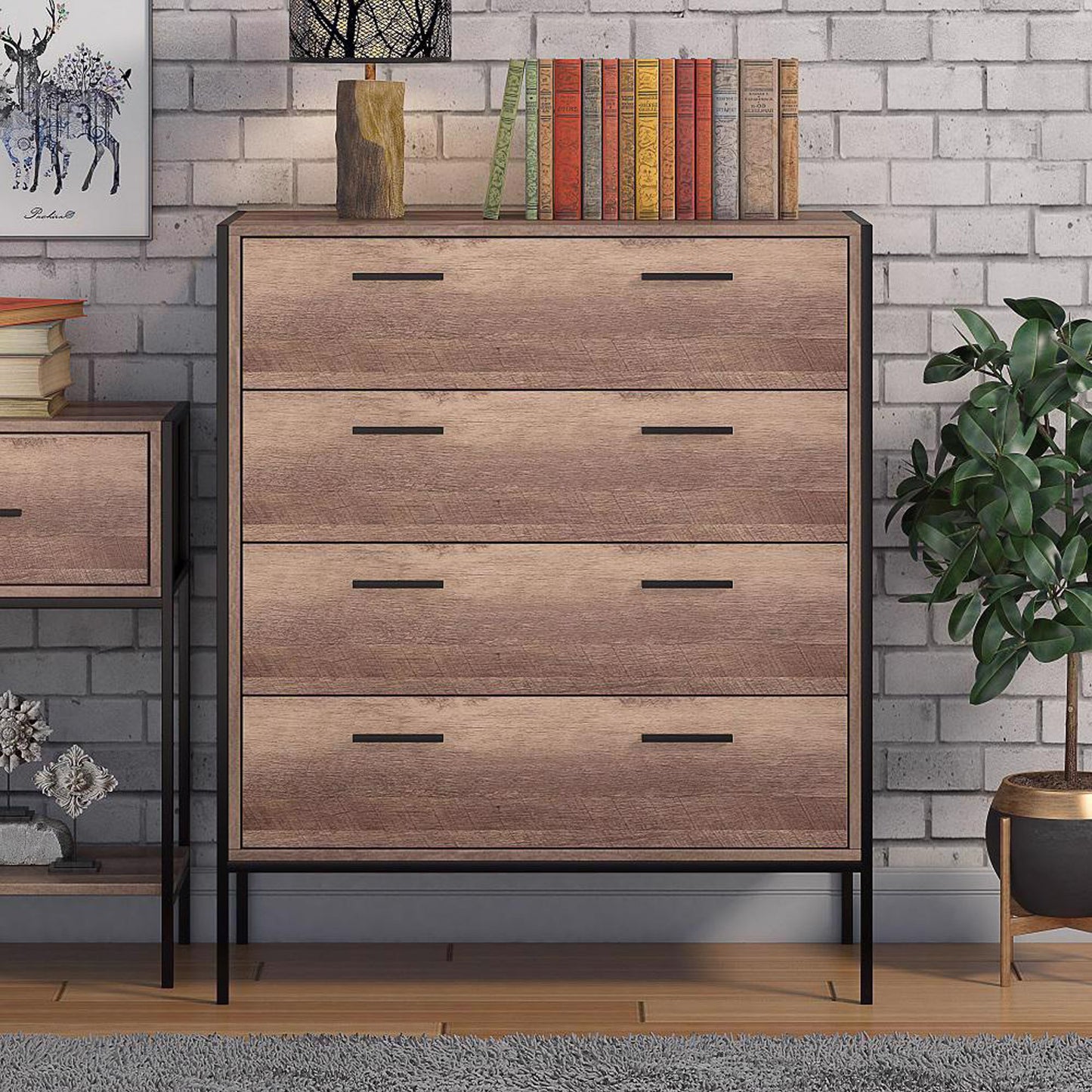 Loft Industrial 4 Drawer Chest Of Drawers Wood Effect Black Metal Frame