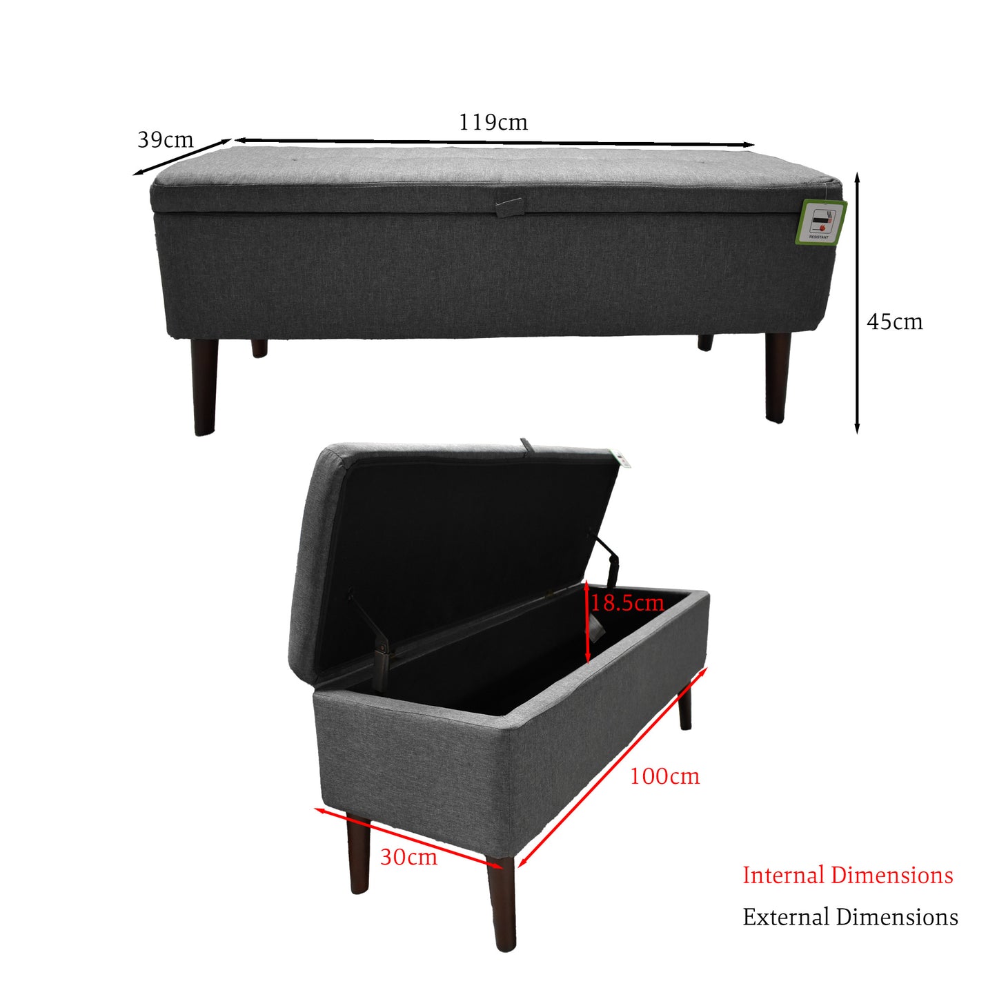 Grey Linen Ottoman Storage Bench With Solid Wooden Legs