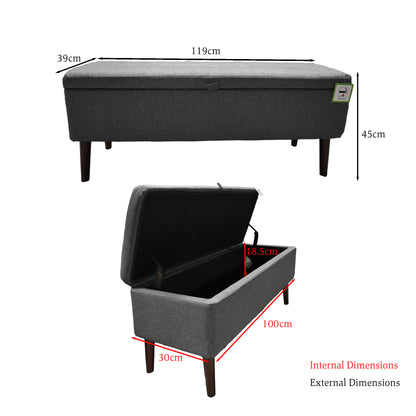 Grey Linen Ottoman Storage Bench With Solid Wooden Legs
