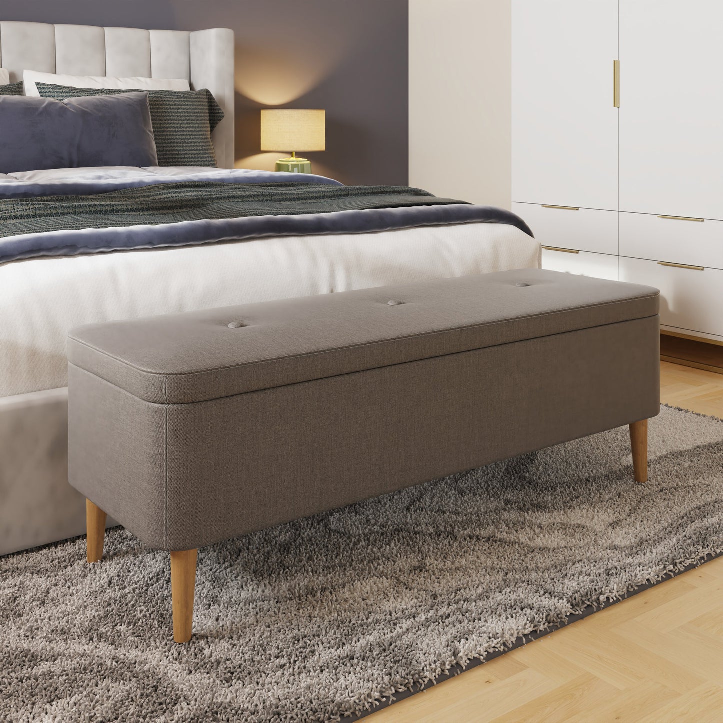 Grey Linen Ottoman Storage Bench With Solid Wooden Legs