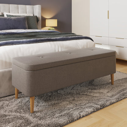 Grey Linen Ottoman Storage Bench With Solid Wooden Legs