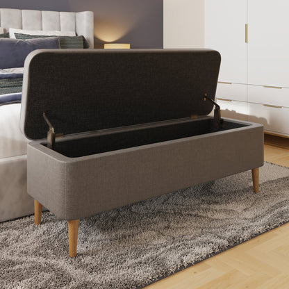 Grey Linen Ottoman Storage Bench With Solid Wooden Legs