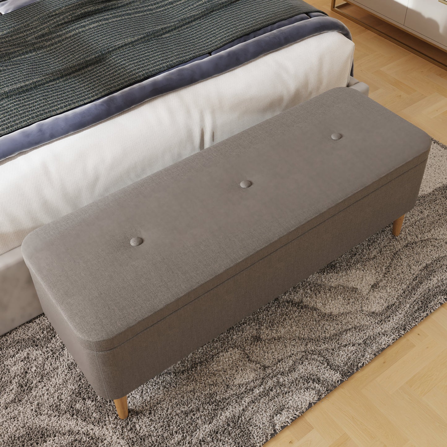 Grey Linen Ottoman Storage Bench With Solid Wooden Legs